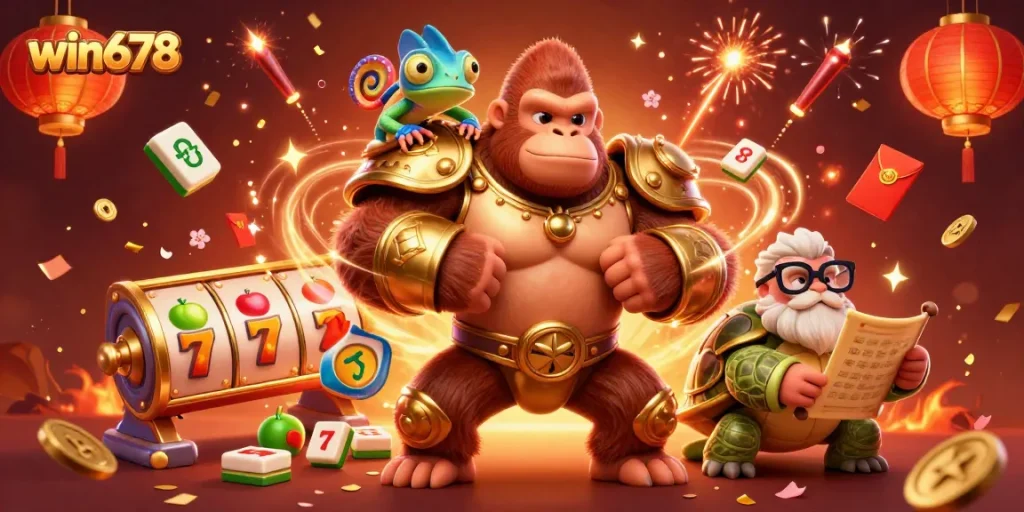 Experience win678's thrilling action with a gorilla king in armor and vibrant gambling elements.