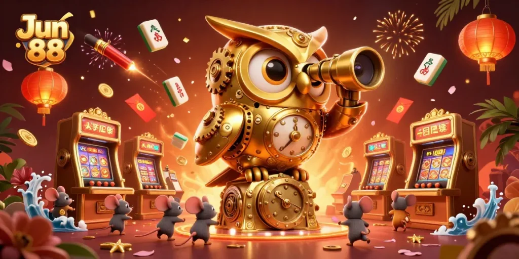 Engage with Jun 88's vibrant online gaming scene featuring 3D golden owl and lively gaming elements.