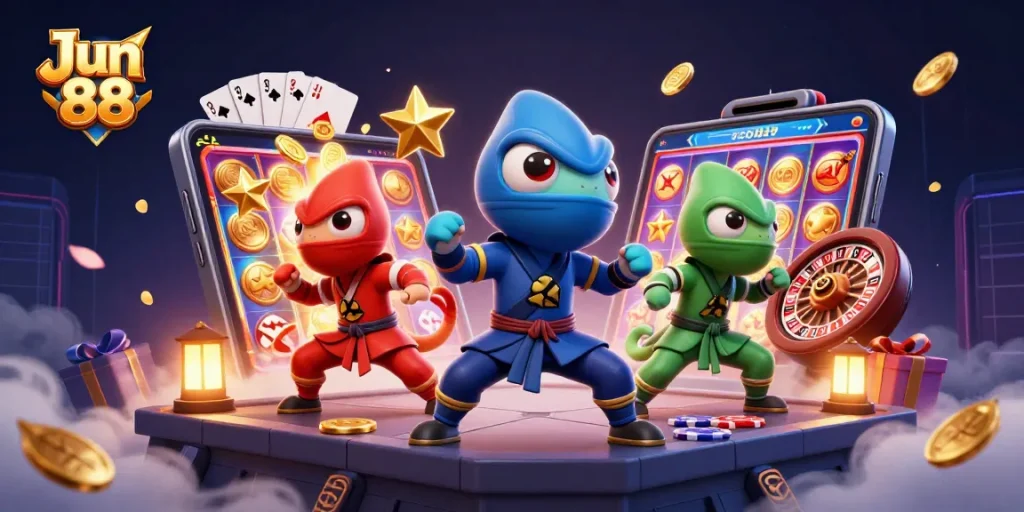 Join the action with Jun 88 as ninja chameleons showcase thrilling casino games in a vibrant scene.