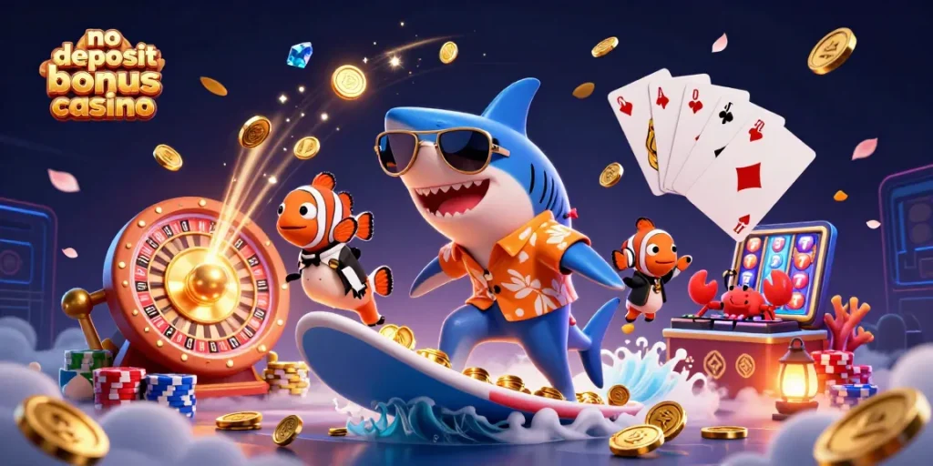 No deposit bonus casino features a cartoon shark, clownfish, and crab amid casino elements.