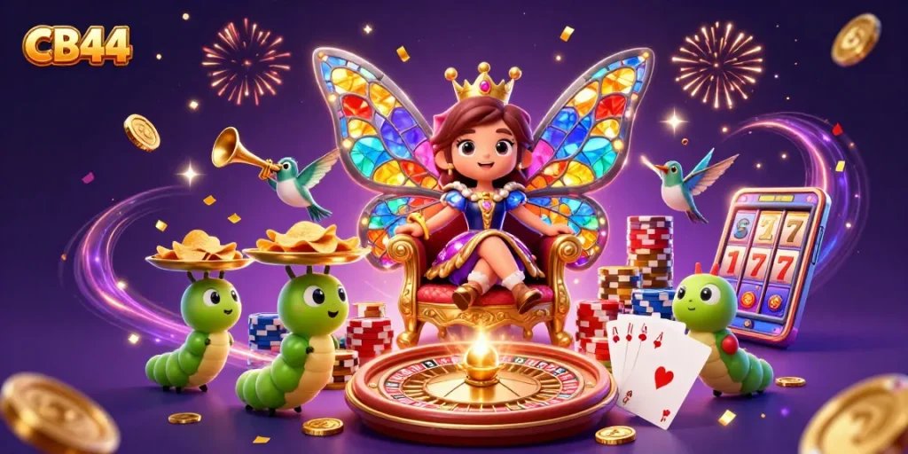 Engage with CB44's vibrant gaming atmosphere featuring a butterfly queen amidst golden casino symbols.