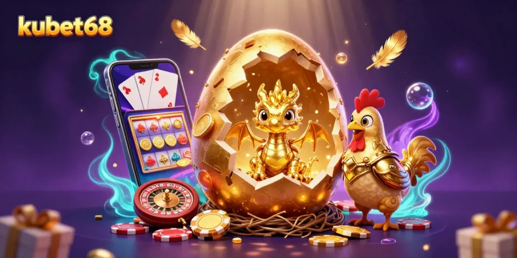 Experience the excitement of kubet68 with a baby dragon, poker chips, and vibrant gaming elements