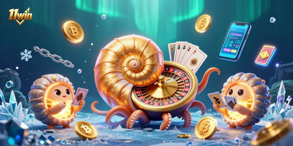 Engage with 11win's vibrant underwater casino scene showcasing a giant nautilus roulette wheel.