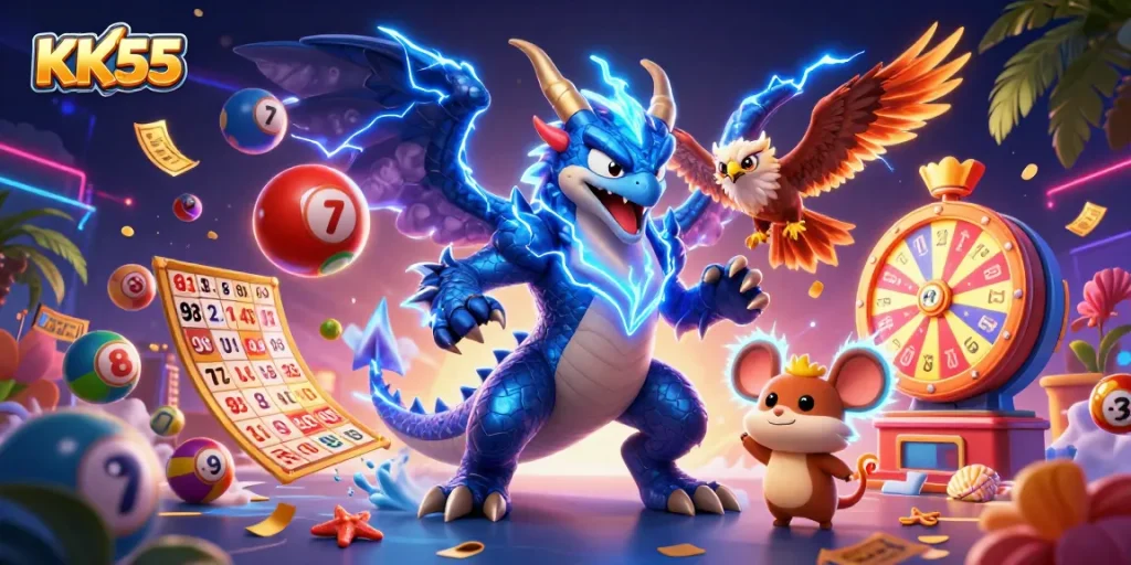 Experience thrilling action with KK55 in an electrifying 3D casino illustration, showcasing vibrant game elements.