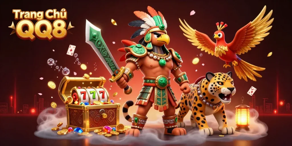 Engage in the dynamic world of Trang Chủ QQ8 with an explosive treasure-themed scene, showcasing vibrant gambling elements.