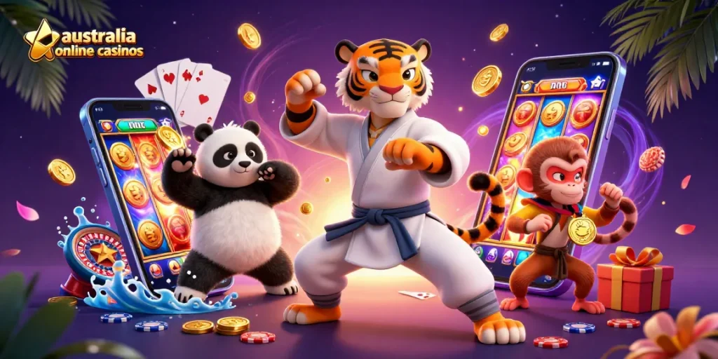 Experience winning strategies at australia online casinos with playful characters in a vibrant casino scene.