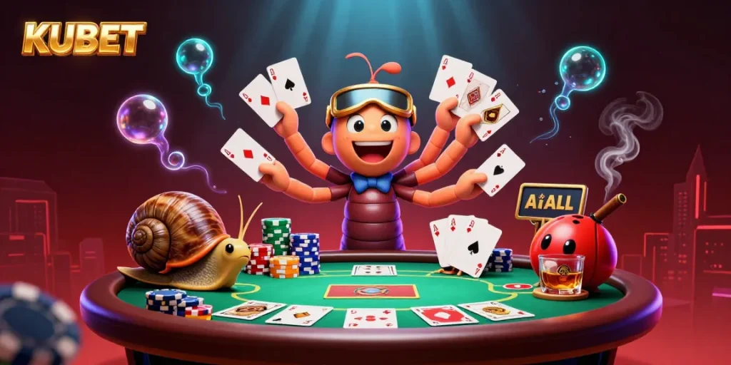 KUBET's virtual casino scene showcases a vibrant 3D cartoon dealer and high-roller characters amidst dynamic poker action.