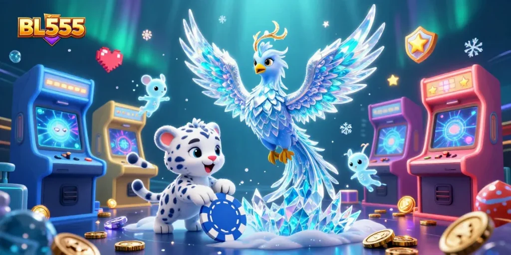 Engage with the vibrant world of BL555, featuring an ice phoenix and playful snow leopard in a dynamic casino scene.