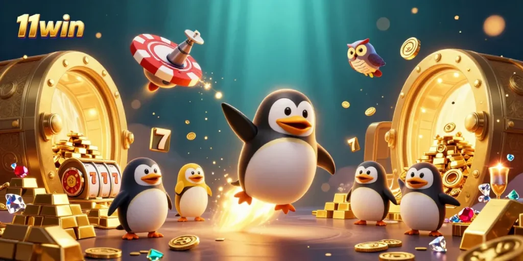 Join the golden penguin on a thrilling journey to the vibrant 11win casino in space!