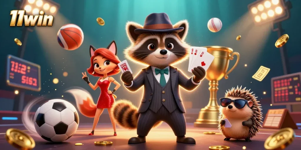 Experience thrilling wins at 11win with a raccoon, fox, and hedgehog in a vibrant casino scene!