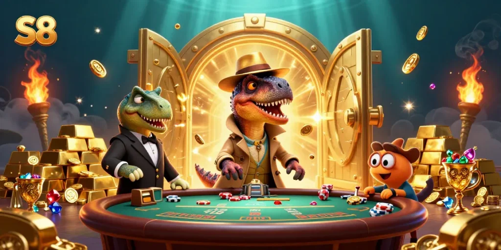 S8 showcases an exciting casino scene with a clever velociraptor card counter and vibrant treasures.