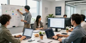 Building internal tools with AI: professionals collaborating in a modern workspace for software development.