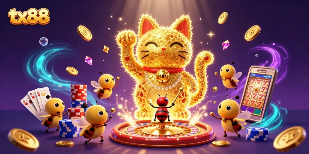 Experience tx88's vibrant casino dynamics with a 3D lucky cat and dazzling symbols.