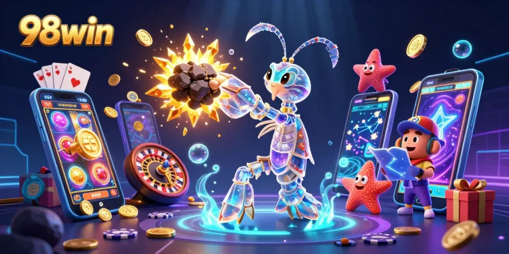 Engage with thrilling games at 98win, featuring a vibrant 3D casino scene with samurai shrimp character.