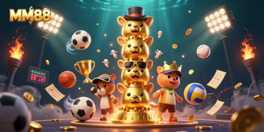 Experience thrilling moments at MM88 with a lively cartoon totem and sports elements in vibrant 3D.