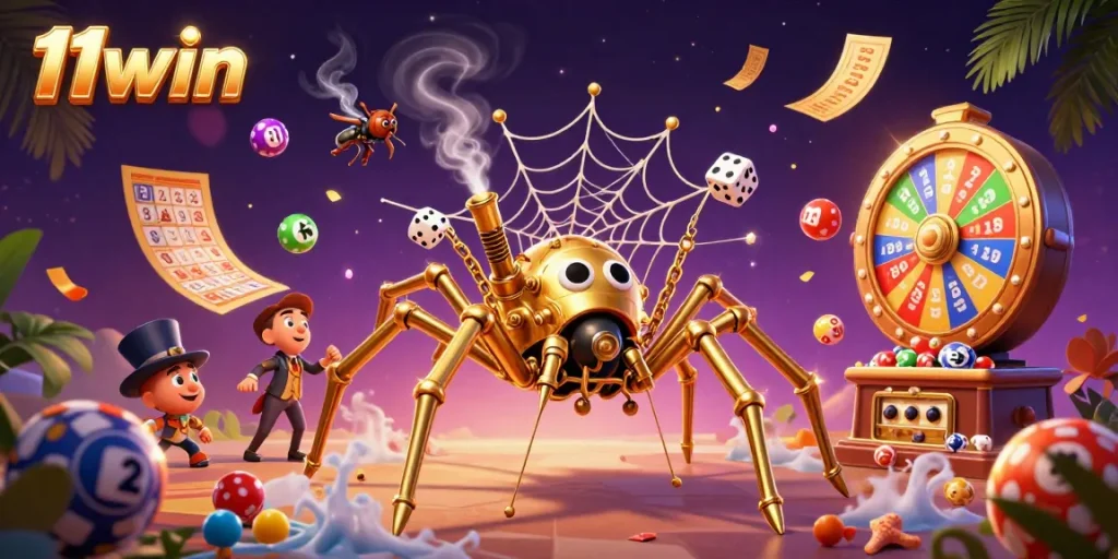 Engage with 11win as a steampunk spider weaves a colorful gambling web surrounded by vibrant prizes