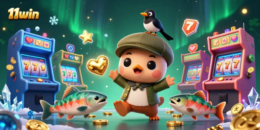 Engage with 11win's vibrant 3D scene showcasing fun characters in a casino-themed environment filled with slot machines.