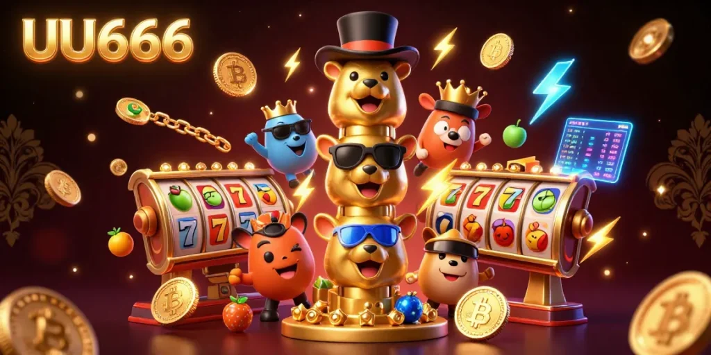 Spin the reels at UU666's vibrant casino with a shimmering golden totem and animated coins!