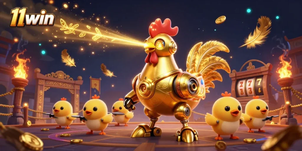 Engage in thrilling gaming with 11win featuring a retro futuristic robot and dynamic slot elements.