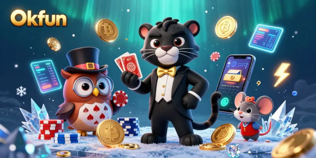 Join the excitement at Okfun, featuring a black panther dealer and whimsical characters amid vibrant casino elements.