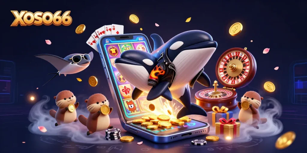 XOSO66 showcases exciting gameplay with an orca and otters amidst vibrant casino elements.